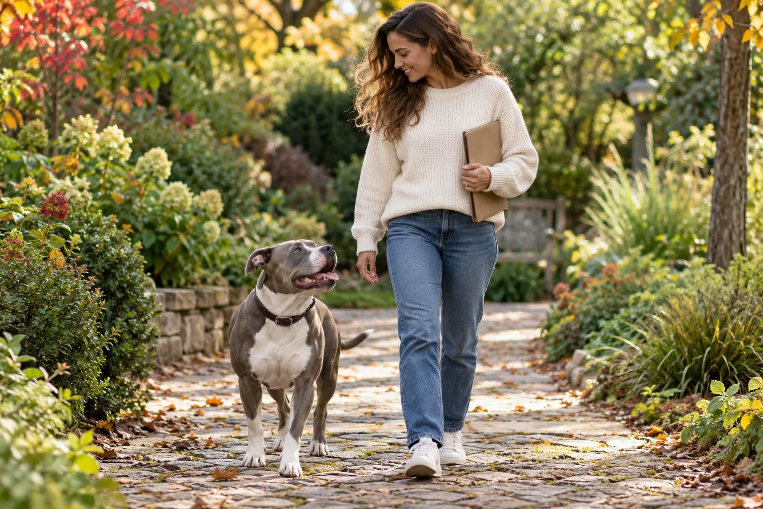 Owner walking with a dog along a garden path, used illustratively